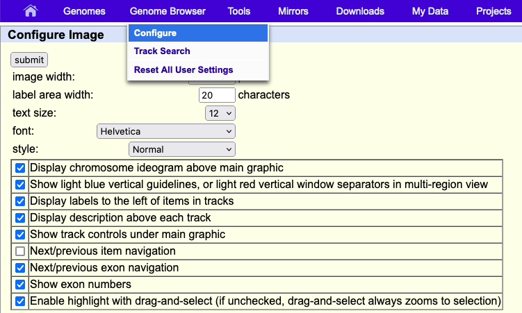 Configuration menu options